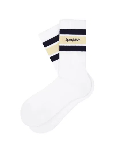 Sporty And Rich Serif Logo-embroidered Striped Socks In Black