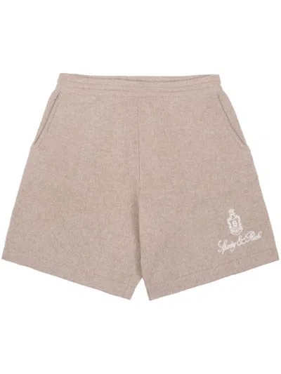 Sporty And Rich Vendome Logo-embroidered Cashmere Shorts In Beige