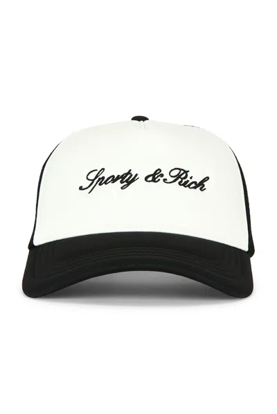 Sporty And Rich Signature Logo Trucker Hat In White & Black
