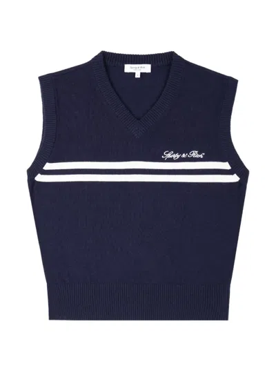 Sporty And Rich Signature Logo-embroidered Striped Cotton Vest In Blue