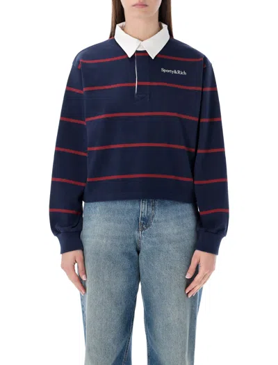 Sporty And Rich Sporty & Rich Sporty & Rich Navy And Merlot Cotton Serif Logo Rugby Polo In Blue