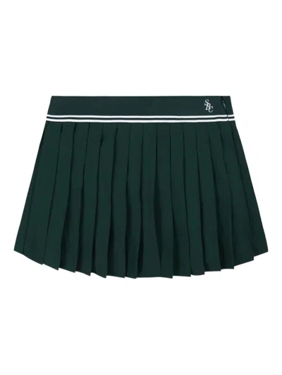 Sporty And Rich Abigail Pleated Embroidered Striped Crepe De Chine Mini Skirt In Green