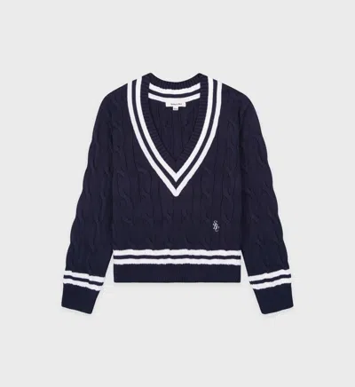 Sporty And Rich Src Cableknit V Neck Sweater In Navy Blue
