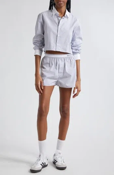 Sporty And Rich Sporty & Rich Src Embroidered Stripe Cotton Crop Button-up Shirt In White/navy Thin Stripe