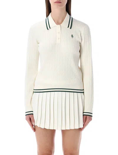 Sporty And Rich Mini Cable Knit Long Sleeve Polo In White