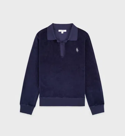 Sporty And Rich Src Velvet Longsleeve Polo In Navy Blue