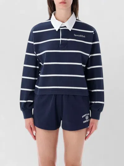 Sporty And Rich Striped Cotton Rugby Polo Long Sleeves In Blue