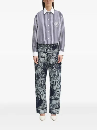 Sporty And Rich Striped Logo-embroidered Shirt In Blue
