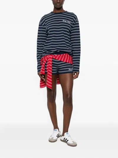 Sporty And Rich Logo-embroidered Striped Cotton-jersey Shorts In Blue