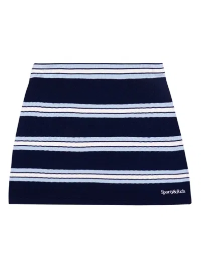 Sporty And Rich Womens Dark Navy White Serif Logo Aline Silk And Cotton Mini Skirt In Blue
