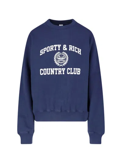 Sporty And Rich Navy Blue Varsity Printed Logo Crew Neck Cotton Sweatshirt In Black