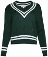 Sporty And Rich V-neck Cable Knit Sweater With Contrasting Stripes In Green