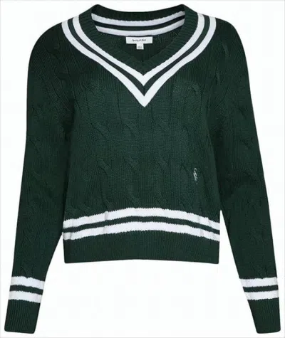 Sporty And Rich V-neck Cable Knit Sweater With Contrasting Stripes In Green
