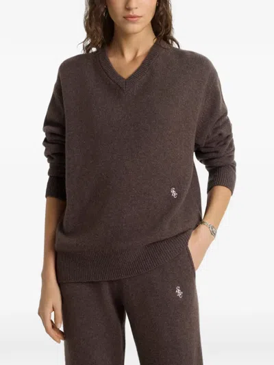 Sporty And Rich V-neck Embroidered-logo Sweater In Brown