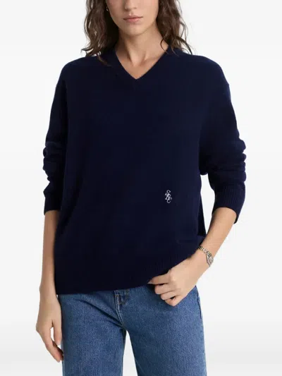 Sporty And Rich V-neck Embroidered-logo Sweater In Blue