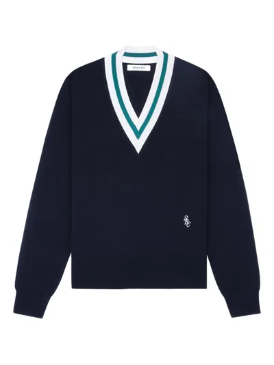 Sporty And Rich V-neck Logo Sweater In Blue