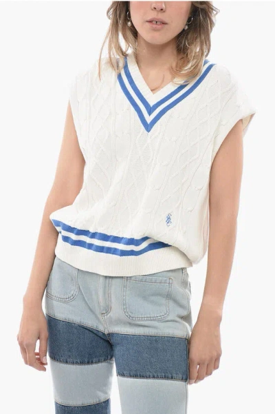 Sporty And Rich V-neck Sleeveless Cable-knit Sweater In White