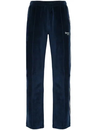 Sporty And Rich Velour Cotton Track Pants In Blue