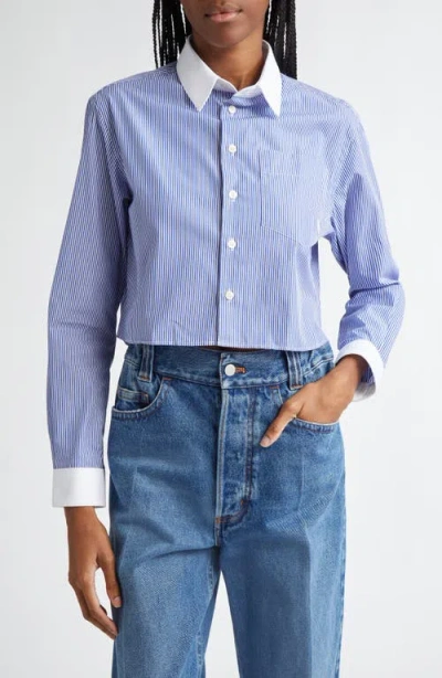 Sporty And Rich Sporty & Rich Vendome Oversize Crop Cotton Button-up Shirt In White/navy Stripe