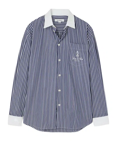 Sporty And Rich Vendome Oversized Embroidered Striped Cotton Oxford Shirt In Blue
