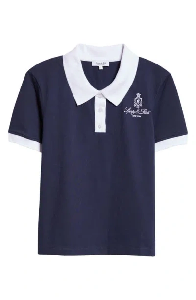 Sporty And Rich Womens Navy Vendome 70s Brand-embroidery Stretch-cotton-piqué Polo Shirt