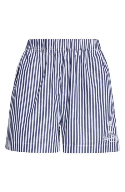 Sporty And Rich Sporty & Rich Vendome Stripe Embroidered Cotton Boxer Shorts In White/navy Stripe