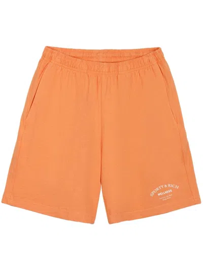 Sporty And Rich Wellness Slogan-print Cotton-jersey Shorts In Tangerine White