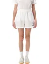 Sporty And Rich Crest Elastic Waistband Shorts Side Pockets In White
