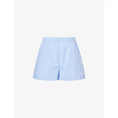 Sporty And Rich Womens Blue White Stripe Eden Script Striped Cotton Shorts