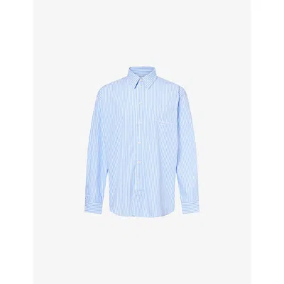 Sporty And Rich Womens Blue White Stripe Eden Script Striped Relaxed-fit Cotton Shirt