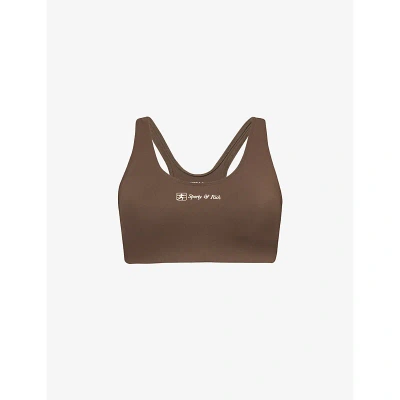 Sporty And Rich Runner Logo-print Stretch-woven Sports Bra In Chocolate