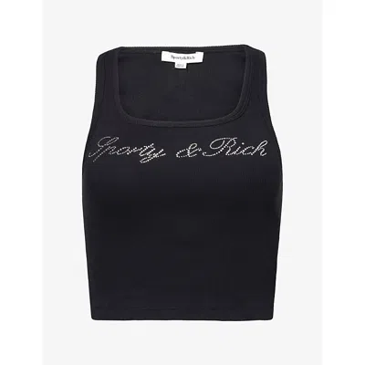 Sporty And Rich Womens Crystal-logo Cropped Cotton Tank Top Black