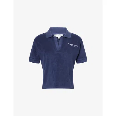 Sporty And Rich Womens Dark Navy April Eden Script Terry-cotton Polo Top In Blue