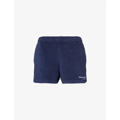 Sporty And Rich Womens Dark Navy Eden Script Terry-cotton Shorts Xs In Blue