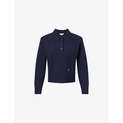 Sporty And Rich Womens Dark Navy Embroidered-logo Cashmere-and-wool Polo Jumper Xs In Blue