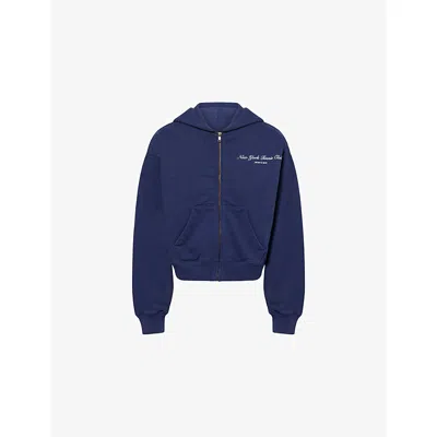 Sporty And Rich Womens Dark Navy Logo-embroidered Zip-up Cotton-jersey Hoody In Blue