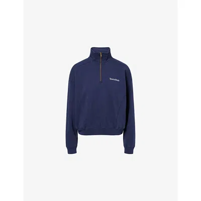 Sporty And Rich Womens Dark Navy Play Tennis Quarter-zip Cotton-jersey Sweatshirt In Blue
