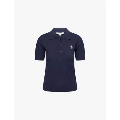 Sporty And Rich Womens Ribbed Logo-embroidery Knitted Polo Shirt Dark Navy In Blue