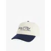 Sporty And Rich Womens Ecru Dark Navy Farm Inter Embroidered Wool Cap In White