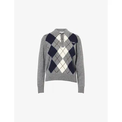 Sporty And Rich Womens Gray Embroidered-logo Argyle Cashmere-and-wool Polo Jumper