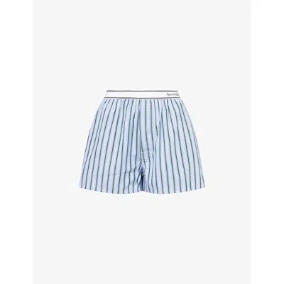 Sporty And Rich Womens Multicolor Stripes Serif Logo Striped Cotton-poplin Boxer Shorts In Blue