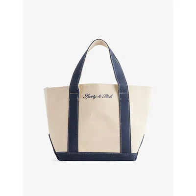 Sporty And Rich Womens Natural/dark Navy Serif Logo Mini  Canvas Tote Bag