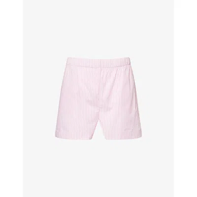 Sporty And Rich Womens Pink White Thin Stripe Eden Script Striped Cotton Shorts