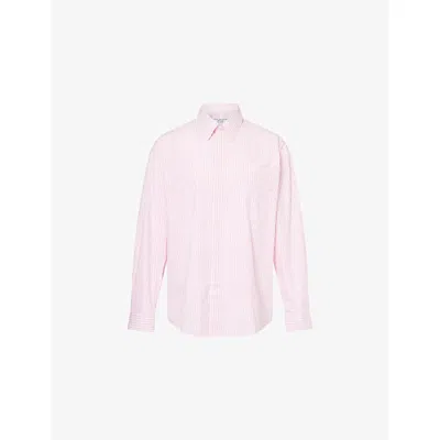 Sporty And Rich Womens Pink White Thin Stripe Eden Script Striped Relaxed-fit Cotton Shirt