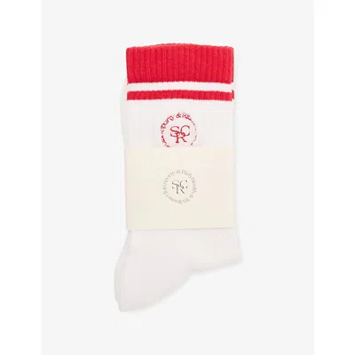 Sporty And Rich Womens Sporty & Rich Brand-embroidered Cotton-blend Socks In White/sports Red