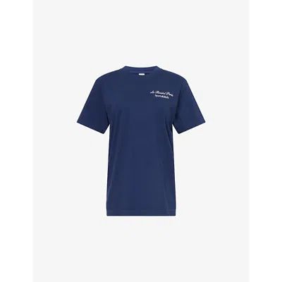 Sporty And Rich Womens Navy Bristol Faubourg Logo-print Cotton-jersey T-shirt