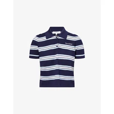 Sporty And Rich Womens Dark Navy White Josie Striped Silk And Cotton-blend Polo Shirt In Multi