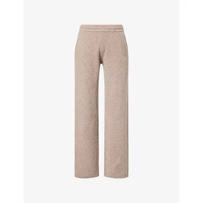 Sporty And Rich Womens Tapioca Straight-leg Embroidered-logo Cashmere-and-wool Jogging Bottoms In Brown