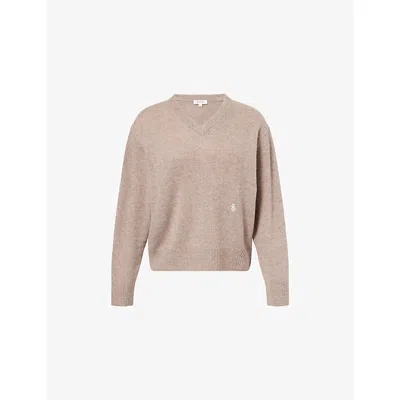 Sporty And Rich Womens Tapioca V-neck Embroidered-logo Cashmere-and-wool Jumper In Brown