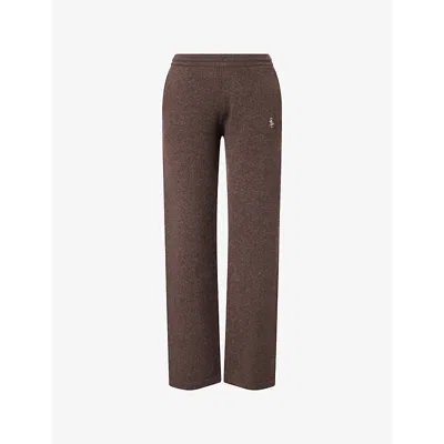 Sporty And Rich Womens Toffee Embroidered-logo Straight-leg Cashmere-and-wool Jogging Bottoms Xs In Brown